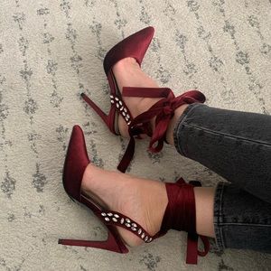 Rag & Co WALLIS Burgundy Velvet Diamante Embellished Tie Up Stiletto Sandals